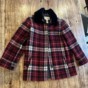 Eddie Bauer Wool Plaid Jacket Red Tartan Women’s Size L Tall Vintage Faux Fur